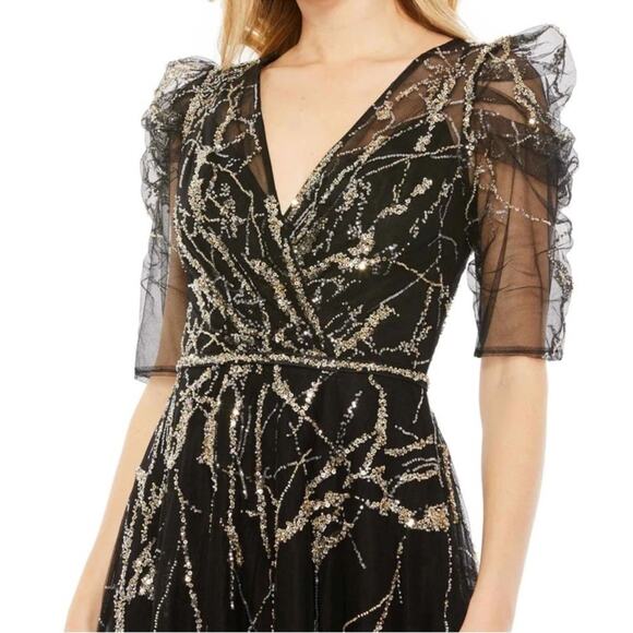 Mac Duggal Black Embellished Gathered Puff Sleeve Faux Wrap Gown 20428 Women’s - Picture 3 of 10